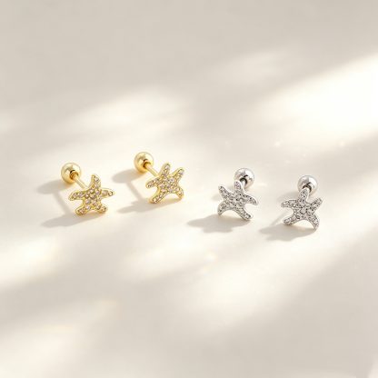 Ocean Themed Starfish Zircon 925 Sterling Silver Stud Earrings