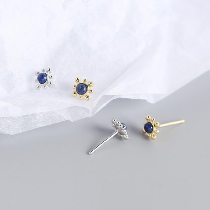 Geometry Blue Natural Lpis Lazuli Sun 925 Sterling Silver Stud Earrings