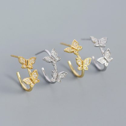 Girl Two Flying CZ Butterflies 925 Sterling Silver Stud Earrings