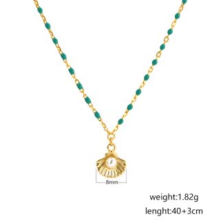 Holiday Gift Round Natural Pearl Shell Green Epoxy Chain 925 Sterling Silver Necklace
