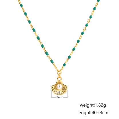 Holiday Gift Round Natural Pearl Shell Green Epoxy Chain 925 Sterling Silver Necklace