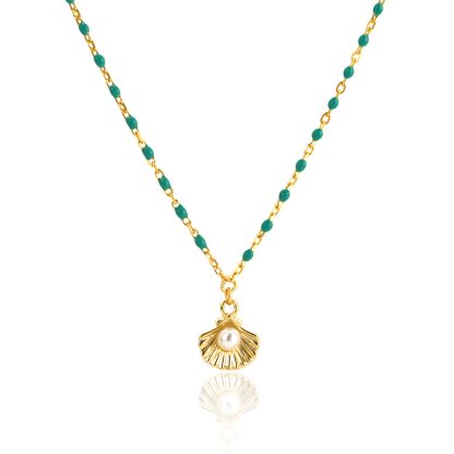 Holiday Gift Round Natural Pearl Shell Green Epoxy Chain 925 Sterling Silver Necklace