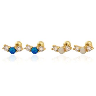 Office Simple Round Natural Opal 925 Sterling Silver CZ Stud Earrings