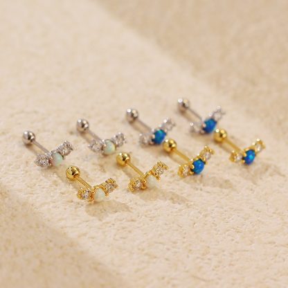 Office Simple Round Natural Opal 925 Sterling Silver CZ Stud Earrings
