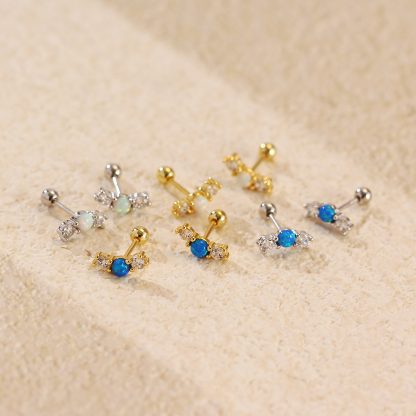 Office Simple Round Natural Opal 925 Sterling Silver CZ Stud Earrings