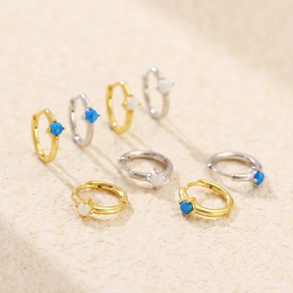 Graduation Simple Round Natural Opal 925 Sterling Silver Hoop Earrings
