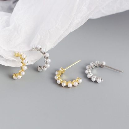Classic Shell Pearl C Shape 925 Sterling Silver Hoop Earrings