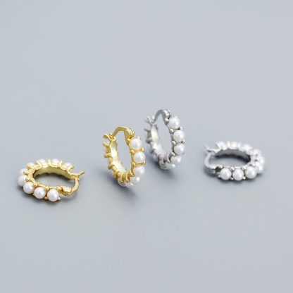 Women Round Mini Shell Pearls 925 Sterling Silver Hoop Earrings
