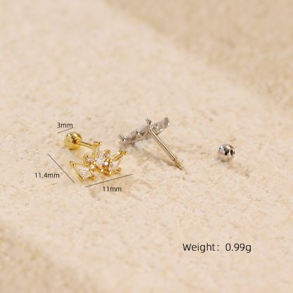 Women Elegant Geometry Rhombus CZ Crown 925 Sterling Silver Stud Earrings