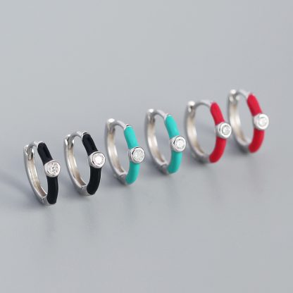 Fashion Colorful Epoxy Round CZ 925 Sterling Silver Hoop Earrings