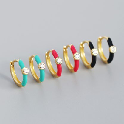 Fashion Colorful Epoxy Round CZ 925 Sterling Silver Hoop Earrings