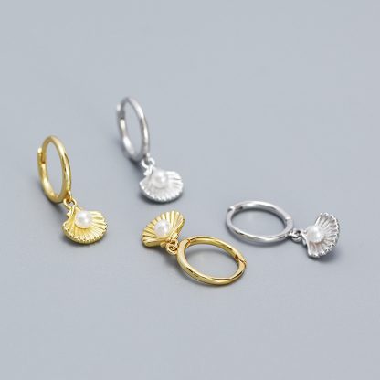 Fashion Round Shell Pearls Conch 925 Sterling Silver Leverback Dangling Earrings