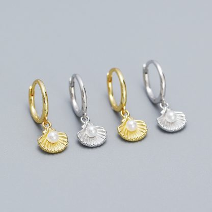 Fashion Round Shell Pearls Conch 925 Sterling Silver Leverback Dangling Earrings