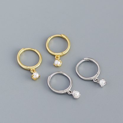 Minimalist Round Shell Pearl 925 Sterling Silver Hoop Earrings