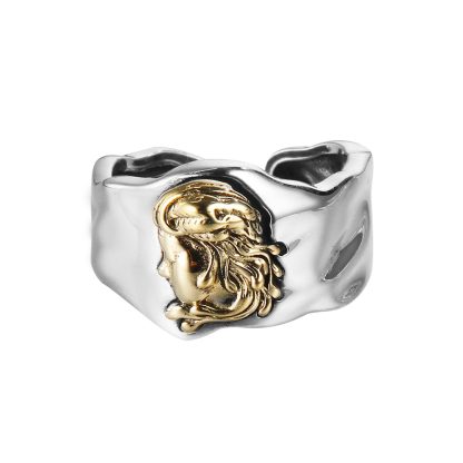 Vintage Women Portrait 925 Sterling Silver Adjustable Wide Ring