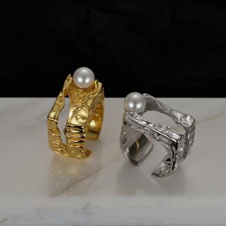 Lady Round Shell Pearl Irregular Double Layers 925 Sterling Silver Adjustable Ring