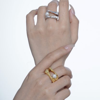 Lady Round Shell Pearl Irregular Double Layers 925 Sterling Silver Adjustable Ring