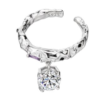 Women Elegant Dangling Round CZ 925 Sterling Silver Adjustable Ring