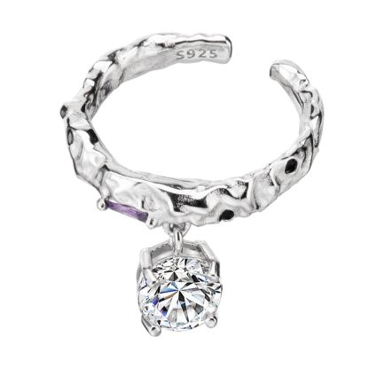 Women Elegant Dangling Round CZ 925 Sterling Silver Adjustable Ring