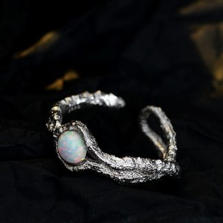 Casual Round Created Opal Irregular Folding 925 Sterling Silver Adjustable Ring