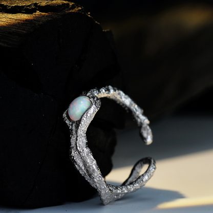 Casual Round Created Opal Irregular Folding 925 Sterling Silver Adjustable Ring