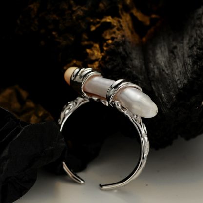 Fashion Natural Baroque Pearls Toothpick 925 Sterling Silver Adjustable Ring