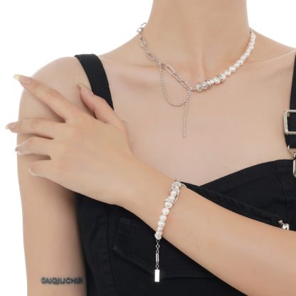 Women Elegant Natural Baroque Pearls 925 Sterling Silver Curb Chian Montage Bracelet