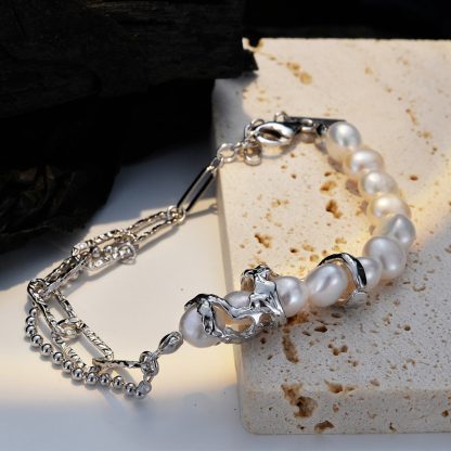 Women Elegant Natural Baroque Pearls 925 Sterling Silver Curb Chian Montage Bracelet