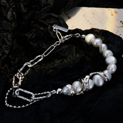 Women Elegant Natural Baroque Pearls 925 Sterling Silver Curb Chian Montage Bracelet
