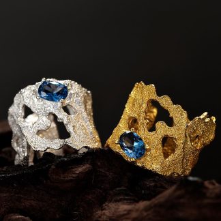 Blue CZ Hollow Wide Fashion 925 Sterling Silver Adjustable Ring