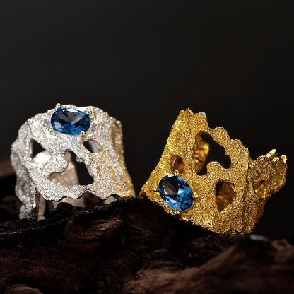Blue CZ Hollow Wide Fashion 925 Sterling Silver Adjustable Ring