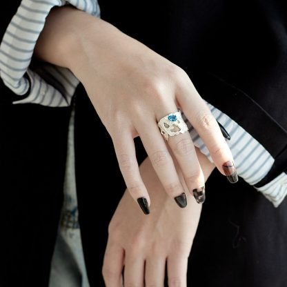 Blue CZ Hollow Wide Fashion 925 Sterling Silver Adjustable Ring