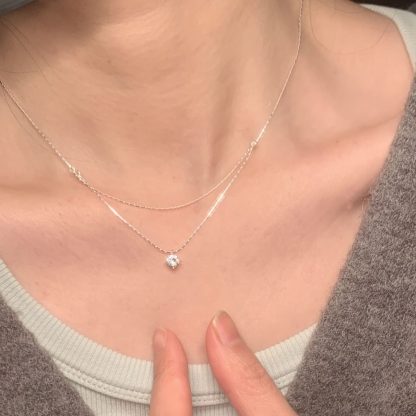 Double Layer Geometric Design Cubic Zirconia Bamboo Chain 925 Sterling Silver Necklace