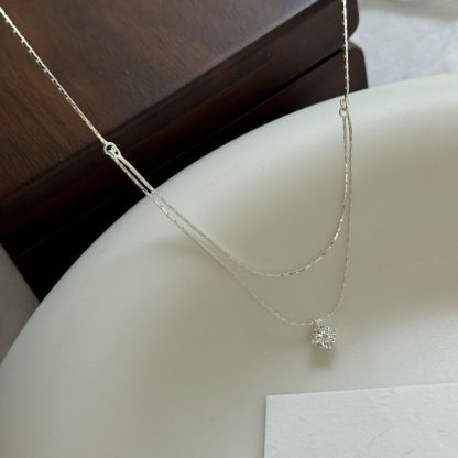 Double Layer Geometric Design Cubic Zirconia Bamboo Chain 925 Sterling Silver Necklace