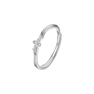 Minimalist Delicate Lilac Flower Branch Pure Metal S925 Sterling Silver Adjustable Open Ring
