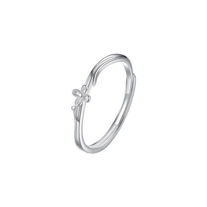 Minimalist Delicate Lilac Flower Branch Pure Metal S925 Sterling Silver Adjustable Open Ring