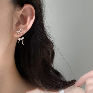 Pure Metal Frosted Double Bow Stud Earrings In Silver S925 Sterling Silver Minimalist Ins Style Delicate Ribbon Ear Stud Earrings