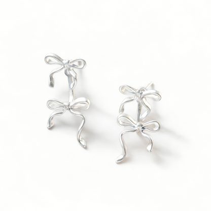 Pure Metal Frosted Double Bow Stud Earrings In Silver S925 Sterling Silver Minimalist Ins Style Delicate Ribbon Ear Stud Earrings