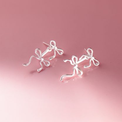 Pure Metal Frosted Double Bow Stud Earrings In Silver S925 Sterling Silver Minimalist Ins Style Delicate Ribbon Ear Stud Earrings