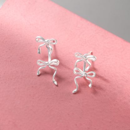 Pure Metal Frosted Double Bow Stud Earrings In Silver S925 Sterling Silver Minimalist Ins Style Delicate Ribbon Ear Stud Earrings