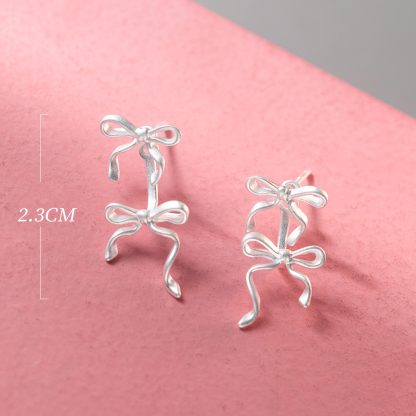 Pure Metal Frosted Double Bow Stud Earrings In Silver S925 Sterling Silver Minimalist Ins Style Delicate Ribbon Ear Stud Earrings