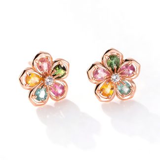 Natural Stone Five Petal Plum Blossom Flower Rose gold-plated Tone S925 Sterling Silver Stud Earrings