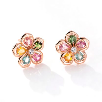 Natural Stone Five Petal Plum Blossom Flower Rose gold-plated Tone S925 Sterling Silver Stud Earrings