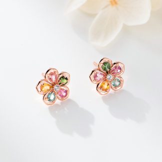 Natural Stone Five Petal Plum Blossom Flower Rose gold-plated Tone S925 Sterling Silver Stud Earrings