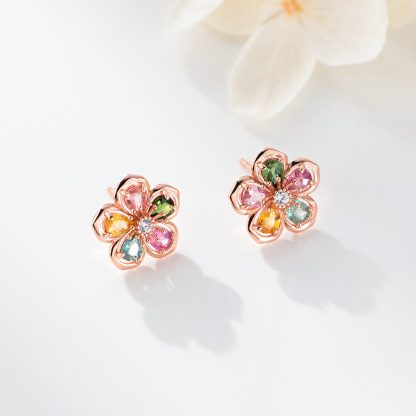 Natural Stone Five Petal Plum Blossom Flower Rose gold-plated Tone S925 Sterling Silver Stud Earrings