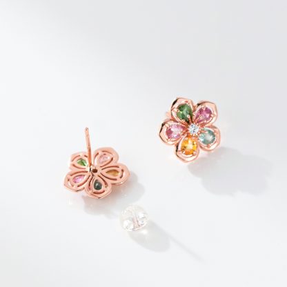 Natural Stone Five Petal Plum Blossom Flower Rose gold-plated Tone S925 Sterling Silver Stud Earrings