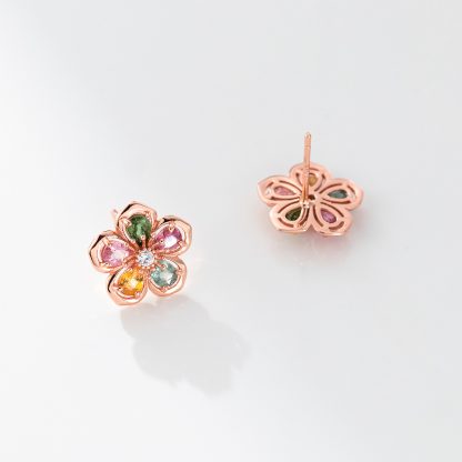 Natural Stone Five Petal Plum Blossom Flower Rose gold-plated Tone S925 Sterling Silver Stud Earrings