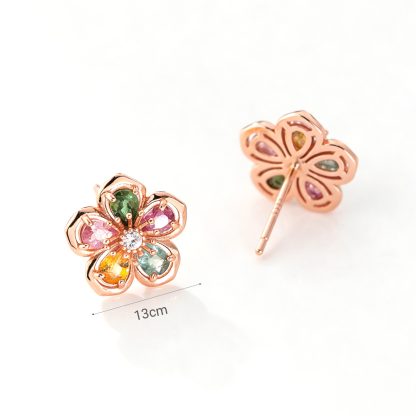 Natural Stone Five Petal Plum Blossom Flower Rose gold-plated Tone S925 Sterling Silver Stud Earrings