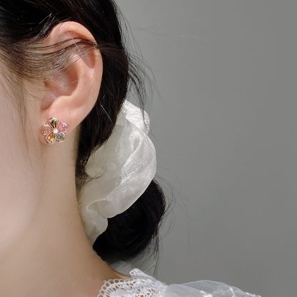 Natural Stone Five Petal Plum Blossom Flower Rose gold-plated Tone S925 Sterling Silver Stud Earrings