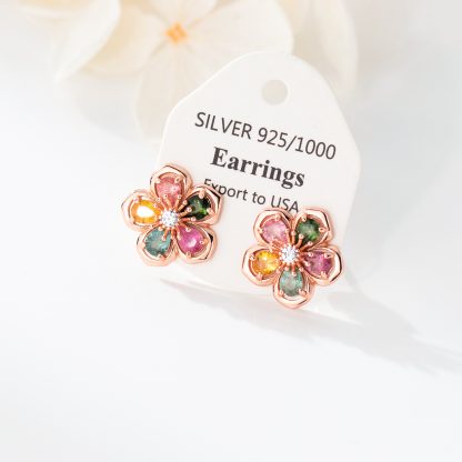 Natural Stone Five Petal Plum Blossom Flower Rose gold-plated Tone S925 Sterling Silver Stud Earrings